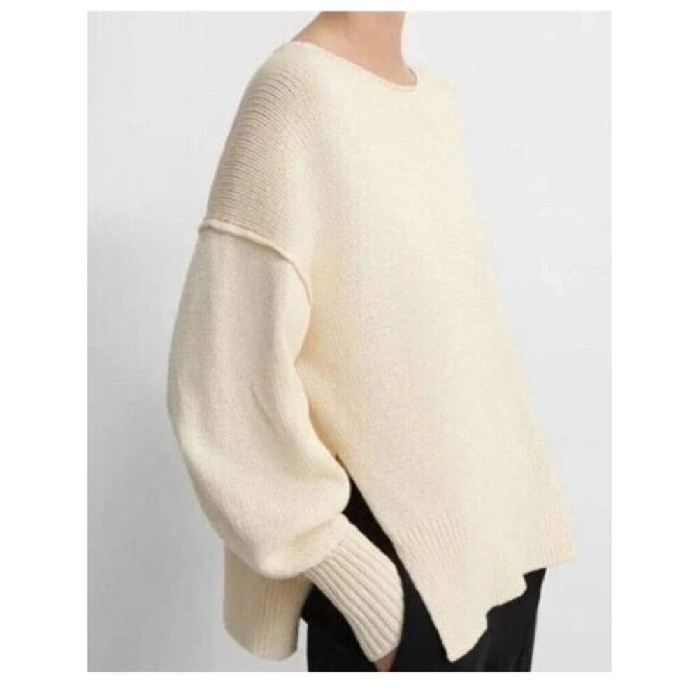 Theory Oversize Chunky Ecru Sweater Pullover with Slits Ivory cotton size small
